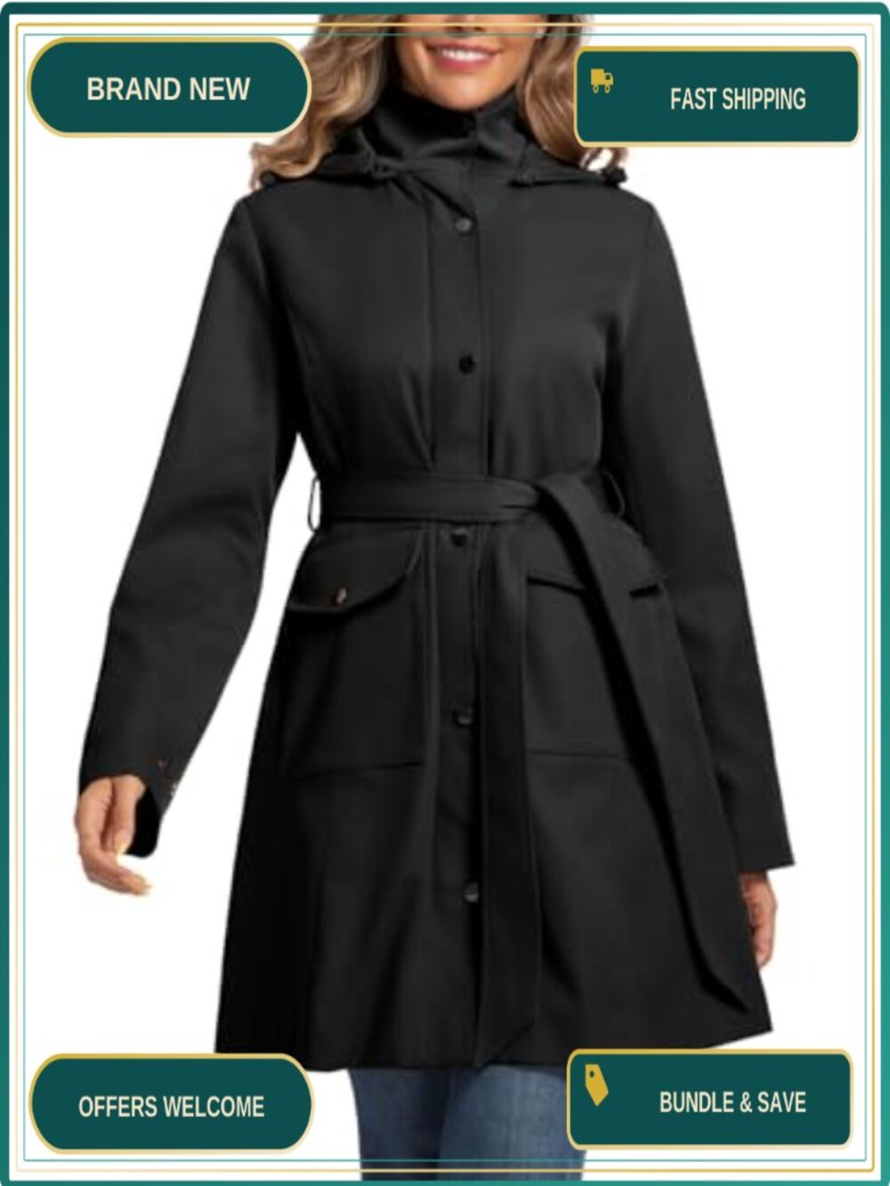 Women's Water Resistant Trench Coat Detachable Hood Belt Two-Way Zip
